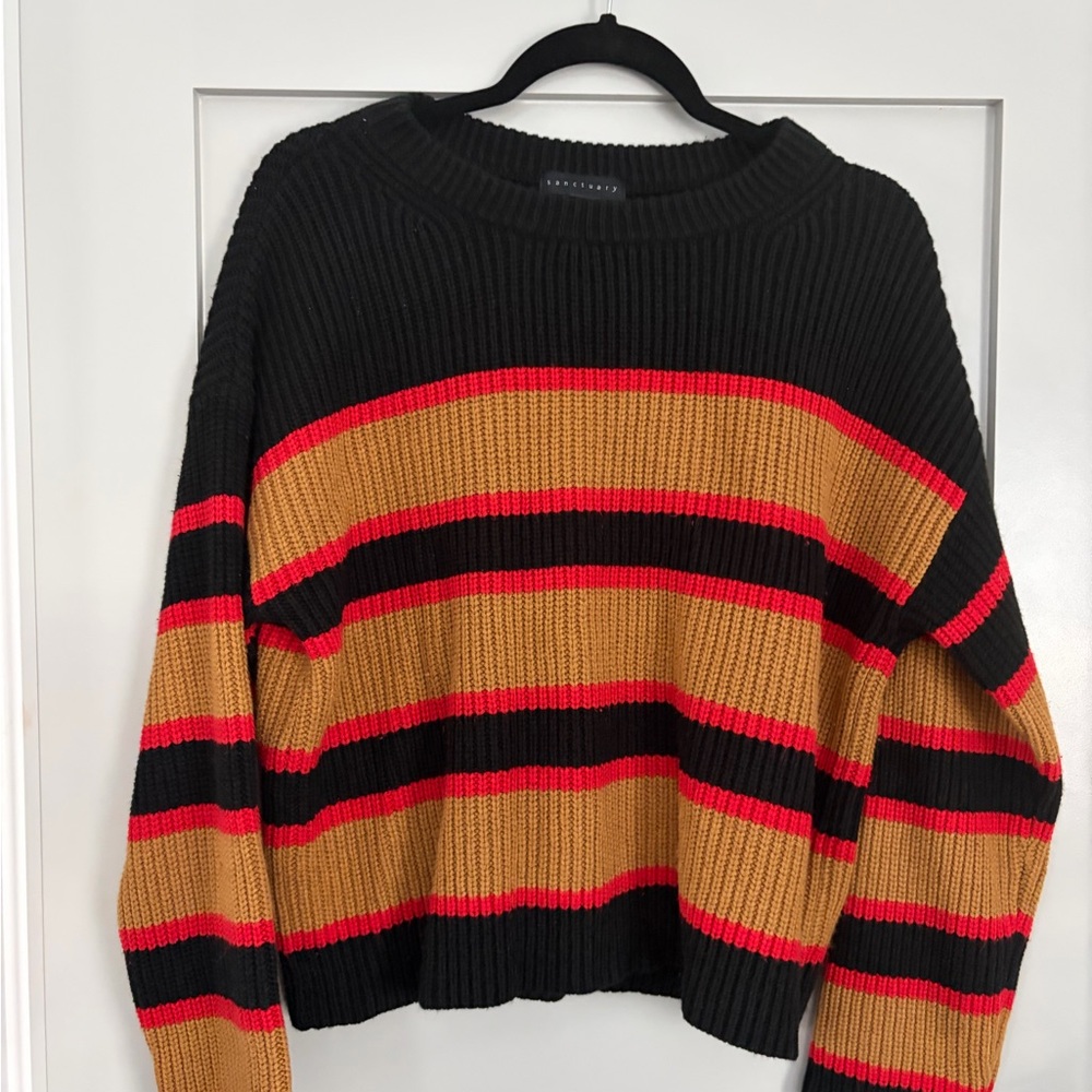 Sanctuary Black, Tan, and Red Striped Sweater
